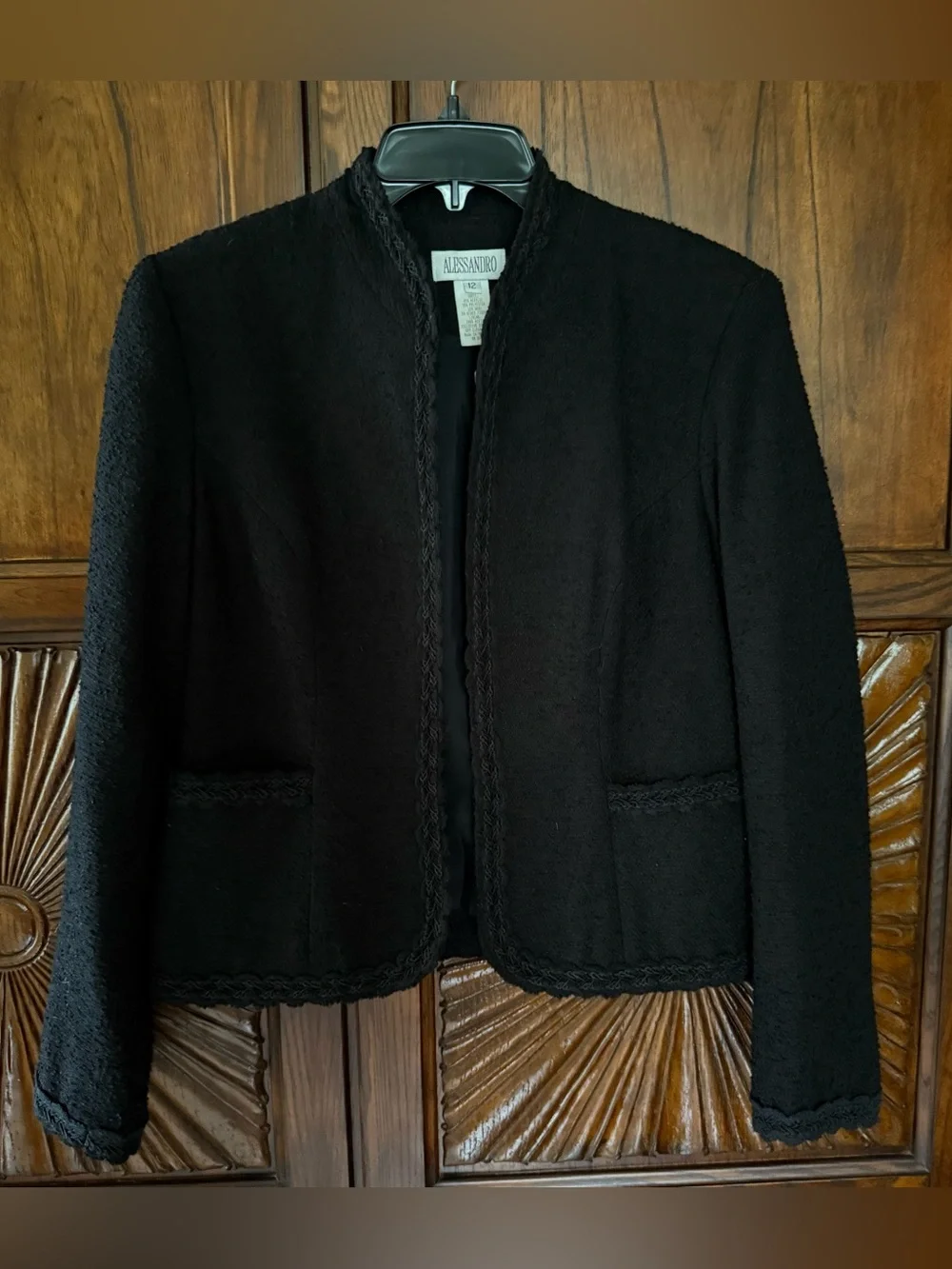 Vintage Alessandro Black Open-Front Textured Braided-Trim Blazer Jacket -Size 12
